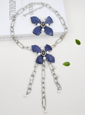 AB镀真金男女蓝色花朵项链胸针