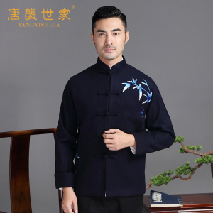 唐袭世家唐装男中式羊毛呢刺绣中山装外套中老年冬季长袖休闲上衣