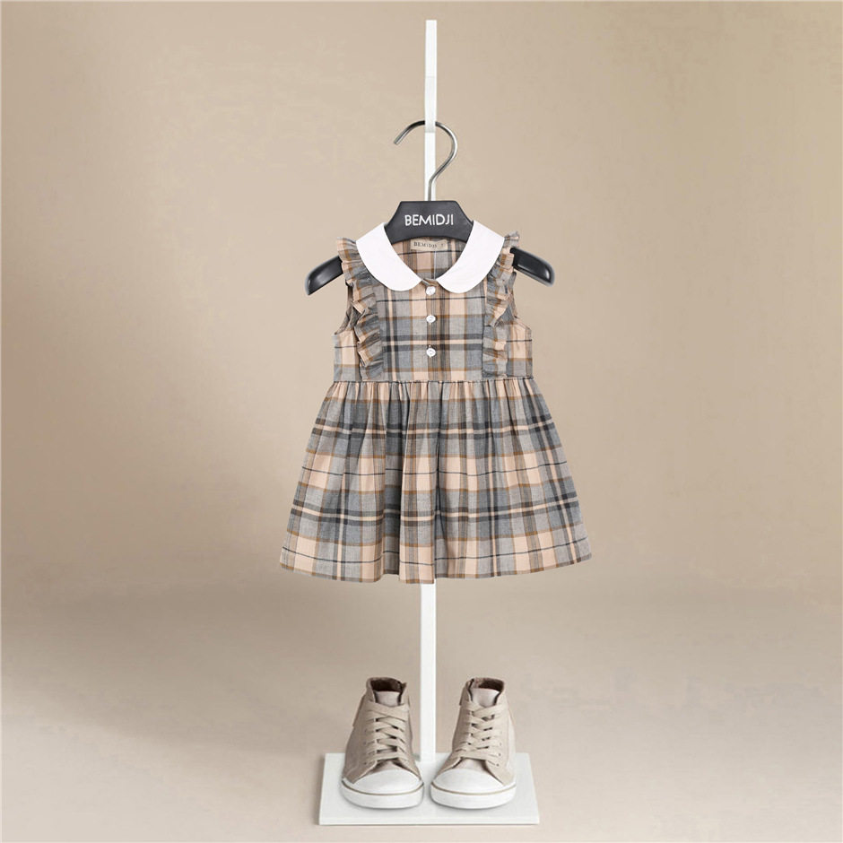 宝宝夏季无袖背心裙儿童舒适连衣裙灰细格时尚洋气女童可爱公主裙