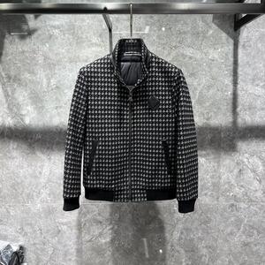 欧货潮流青年大气千鸟格羽绒服男士2023冬季新款真皮拼接轻奢外套