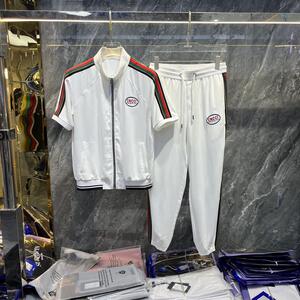 欧货潮流时尚开衫短袖套装男士2024夏季新款字母刺绣休闲裤两件套