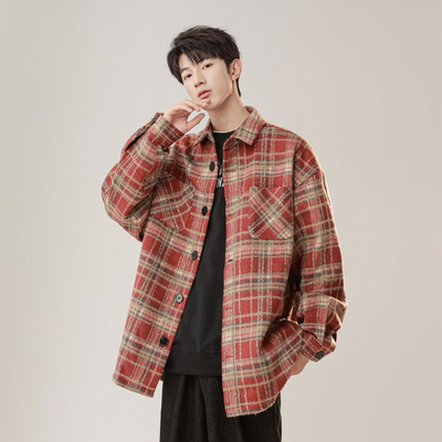 LFBF美式复古格子夹克男宽松翻领衬衫外套潮牌百搭
