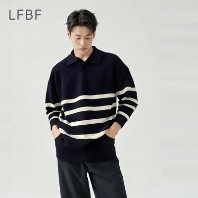 LFBF轻熟风翻领毛衣宽松条纹撞色针织衫休闲长袖POLO衫