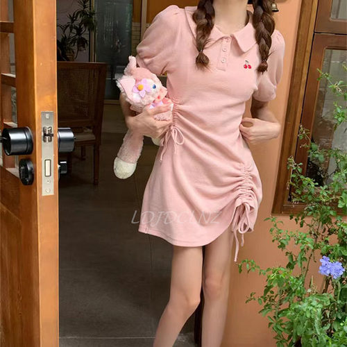 初恋樱桃polo裙女2023夏季新款连衣裙设计感学院风抽绳抽绳连衣裙
