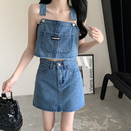 2023夏季新款辣妹韩版短款牛仔背带百搭高腰半身裙两件裙子女套装