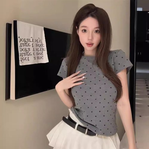 百搭基础款复古波点圆领短袖T恤女装夏季短款修身显瘦内搭学生衣