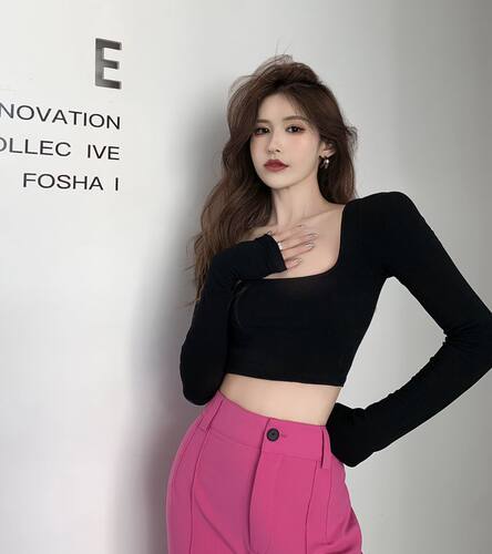 秋季新款2023辣妹方领短款露脐长袖绑带甜辣露背修身打底衫上衣女