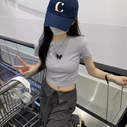 2024夏季显瘦修身街边美式辣妹蝴蝶印花短袖T恤短款露脐学生上衣
