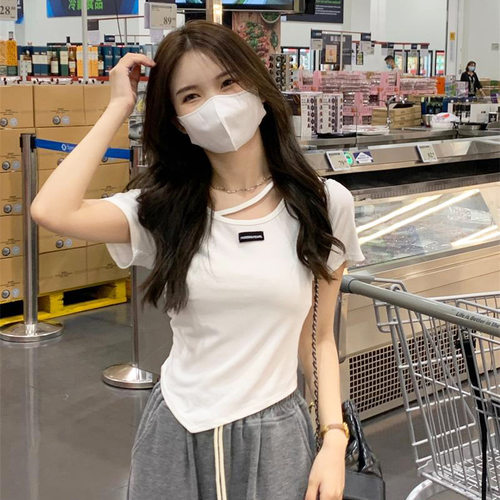 不规则设计感短袖T恤女夏季韩版2022新款辣妹风纯欲白色打底上衣