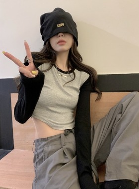 2020新款美式不规则街头辣妹短款T恤女装长袖修身内搭打底衫上衣