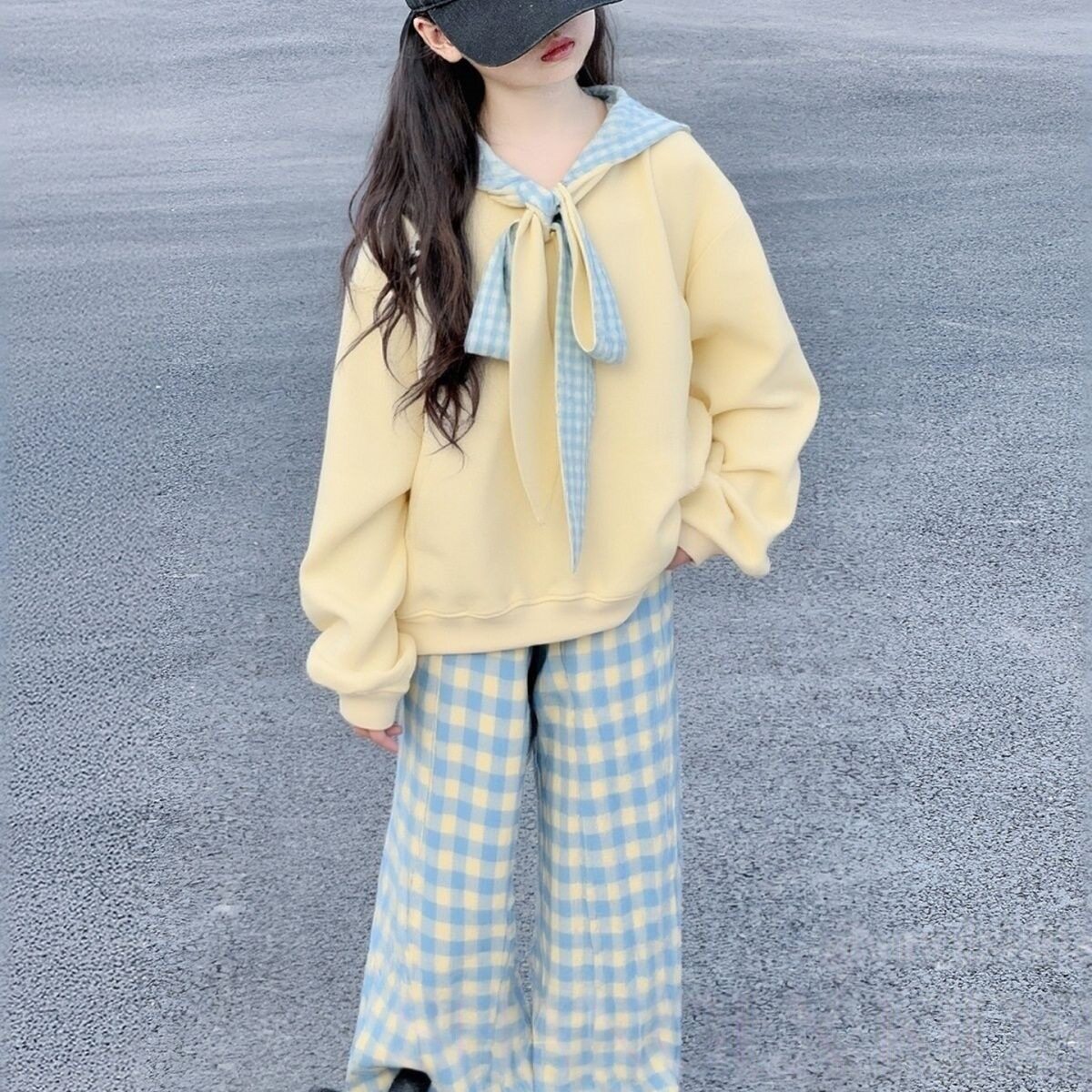 女孩韩系格子长袖修身打底衫绑带卫衣套装中大童春秋新款两件