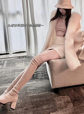 5050高跟弹力过膝靴女2026年爆款粗跟方头瘦瘦靴高筒靴长靴秋冬款