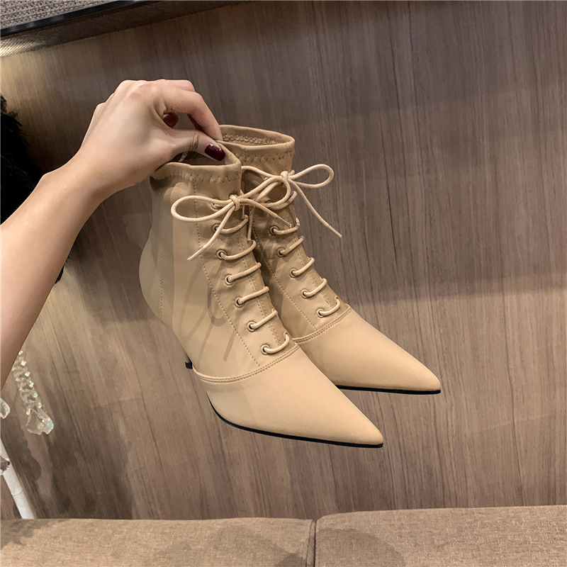 杏色短靴法式网红绒款尖头细跟