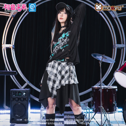 正版初音未来周边格纹半身裙女拼接不规则裙子女高腰短裙夏moeyu