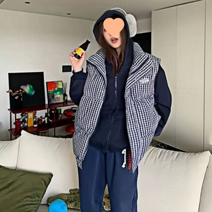胖MM加大码美式怀旧格纹棉衣女秋冬潮流百搭叠穿马甲背心保暖外套