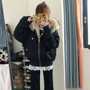 美式复古带毛领冬外套加厚连帽棉衣派克服小个子设计短款大码棉服