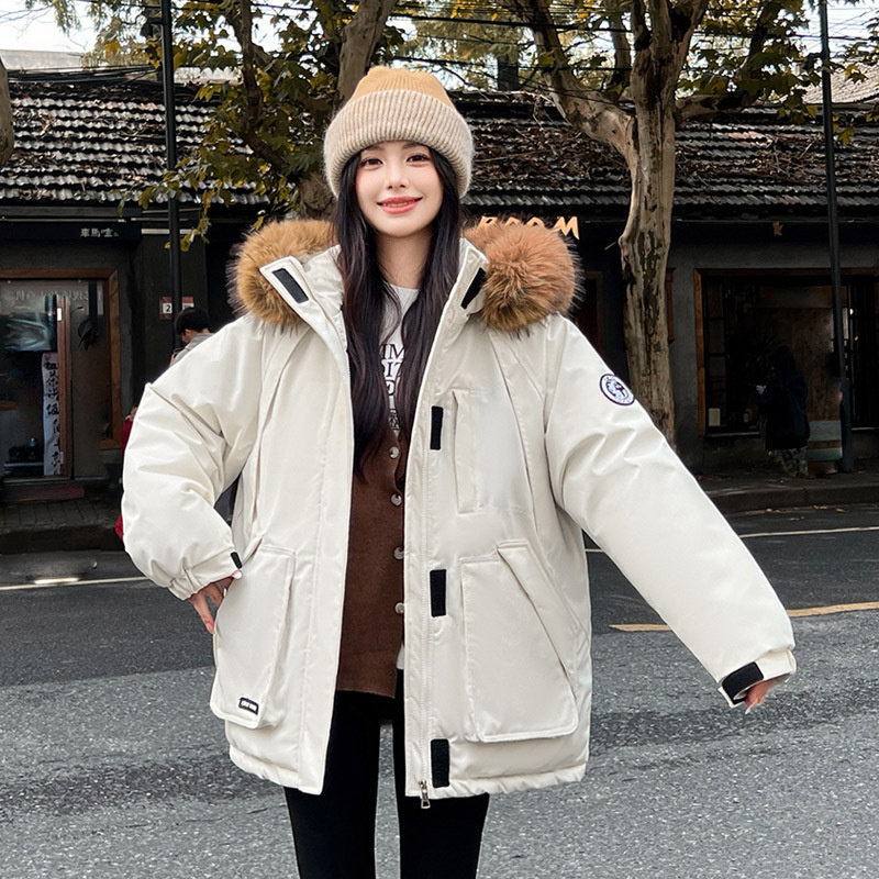 冬季新款美式工装外套女学生加厚百搭派克服防寒连帽毛领棉服潮