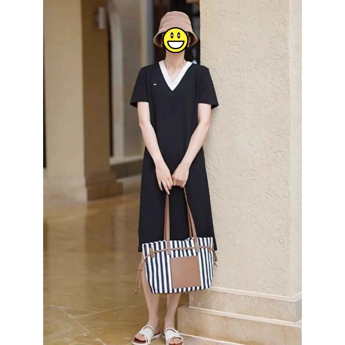 欧货高端大码简约宽松V领体T恤裙子设计感女士夏季新款气质连衣裙