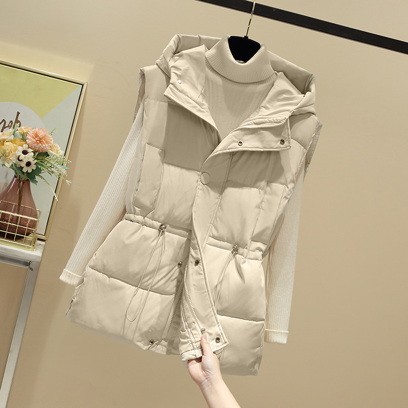 秋冬新款加厚棉马甲女外穿宽松大码中长款收腰连帽保暖背心马夹女