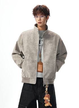 立领正肩U皮夹克外套男高级感灰色暗纹2026秋季新款时尚潮流高街