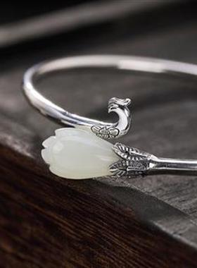 原创S925纯银古风白玉玉兰手镯