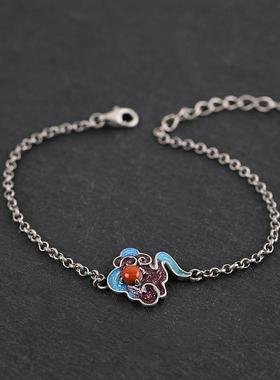 精品玉石手链女式镀银复古时尚中国风烧蓝珍珠链祥云民族风饰品