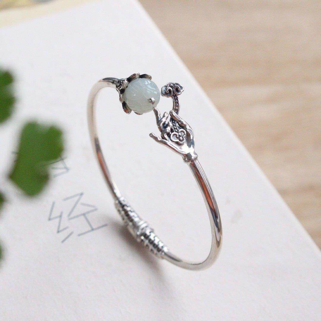 镀白金色镶嵌和田玉莲花珠手镯女款开口佛手莲心手环时尚气质礼物