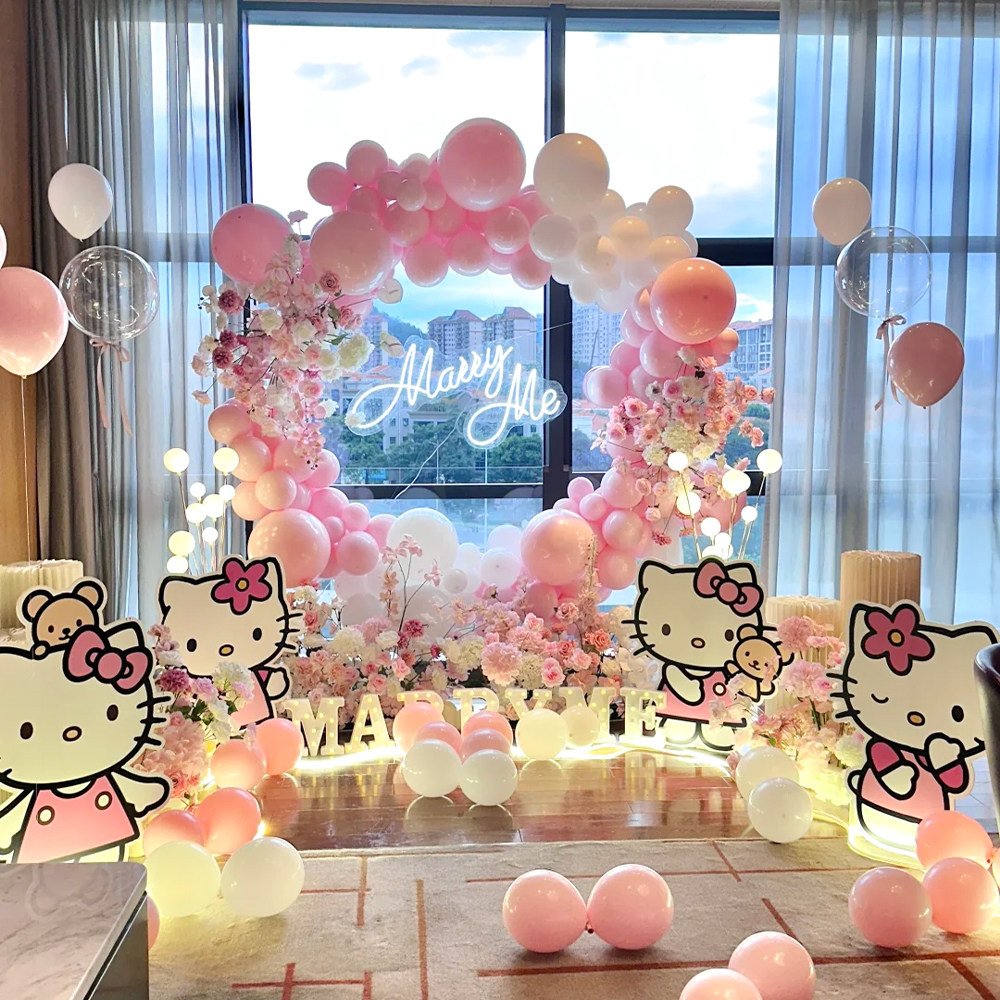 HelloKitty粉色气球拱门圆形求婚布置LED发光字装饰派对装饰用品