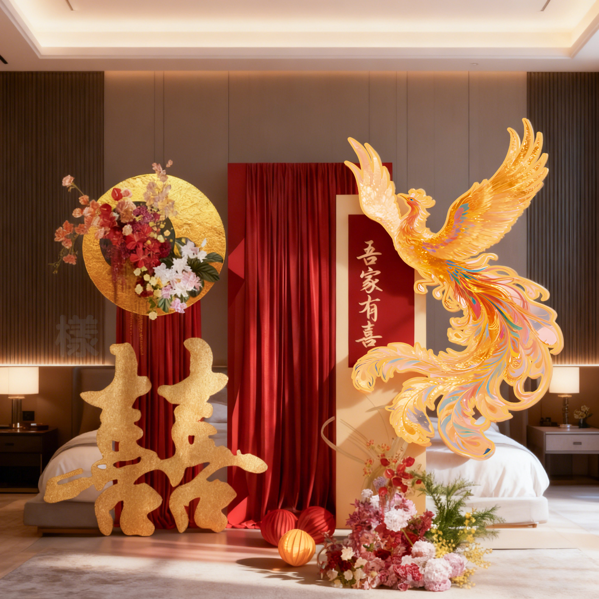 喜嫁风婚房装扮用品红色凤凰中式婚房装饰高端轻奢高级感布置套装