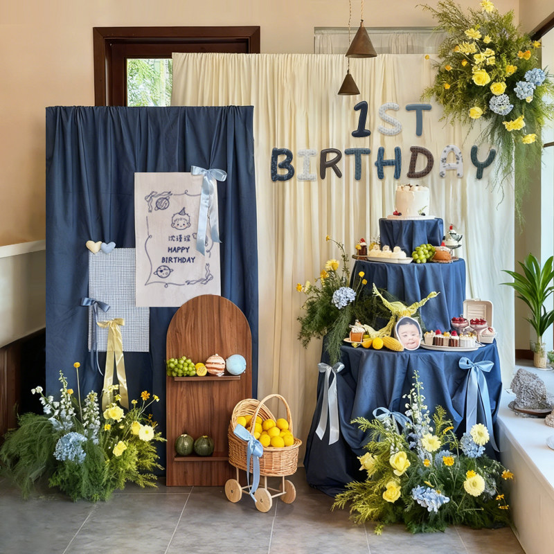 韩系简约宝宝满月30天场景布置男孩一百天周岁宴蓝色布幔装饰套餐