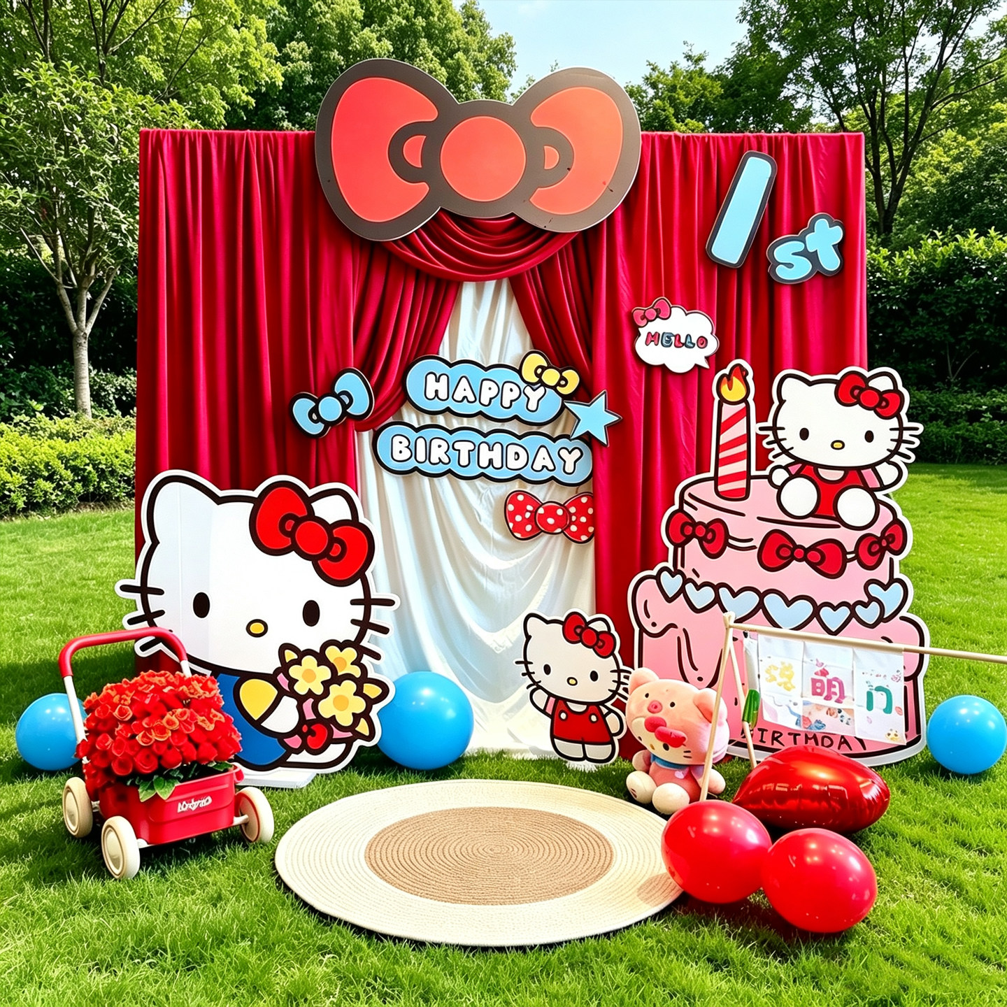 hellokitty周岁生日布置装饰凯蒂猫家庭版简约抓周道具KT板背景墙图片