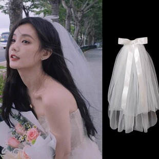 网红求婚领证登记发光头纱超仙拍照短款新娘结婚蝴蝶结头饰蓬蓬纱