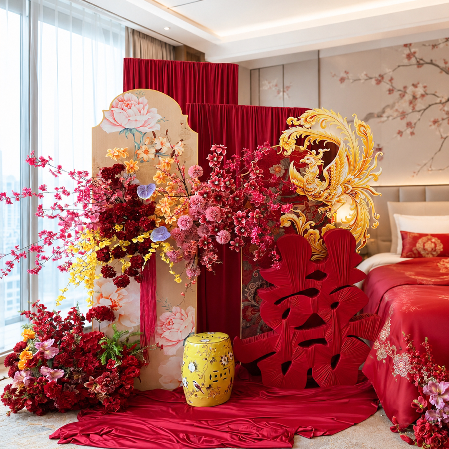 新中式婚房布置女方结婚装饰喜字kt板背景晨袍拍照区婚礼氛围用品图片