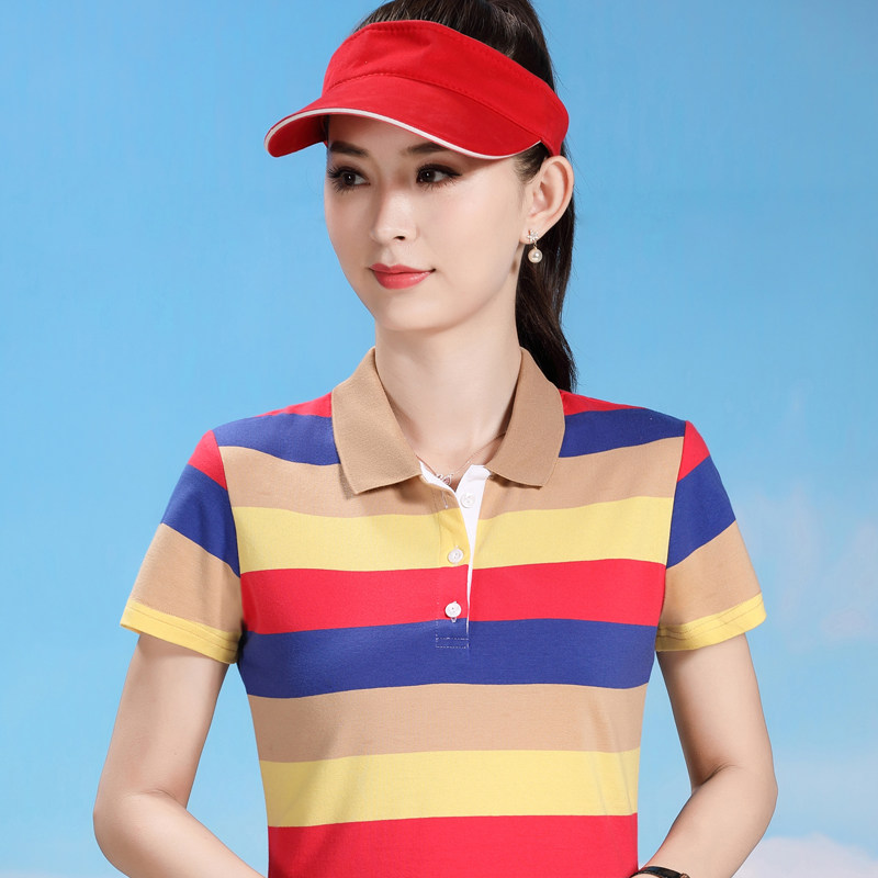 翻领短袖t恤女宽松运动polo衫女条纹纯棉中年妈妈装夏天带领体恤
