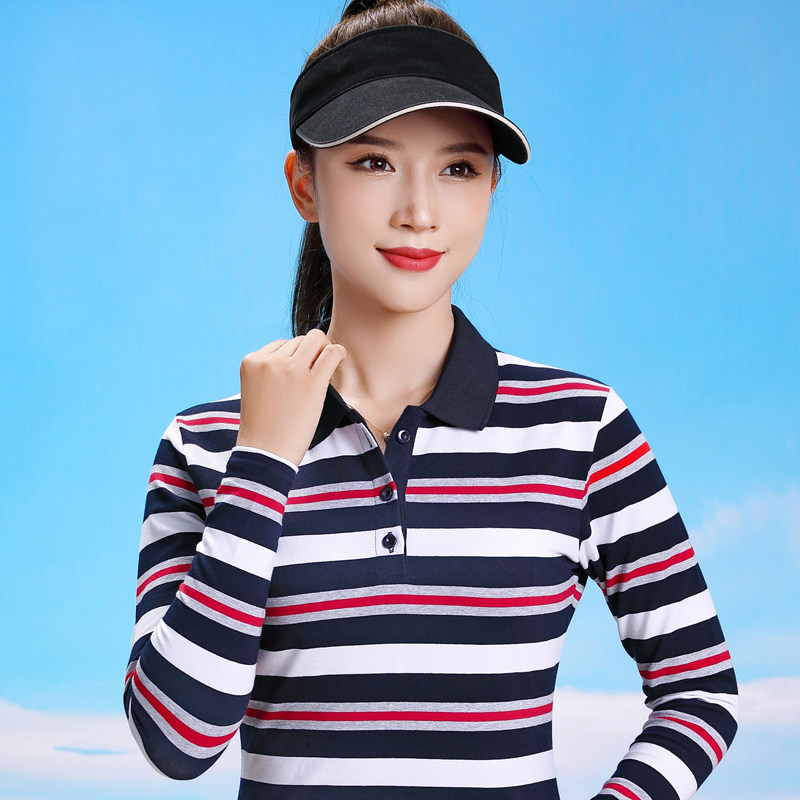 翻领t恤修身打底衫女长袖条纹体恤秋装有领polo衫纯棉中年妈妈装