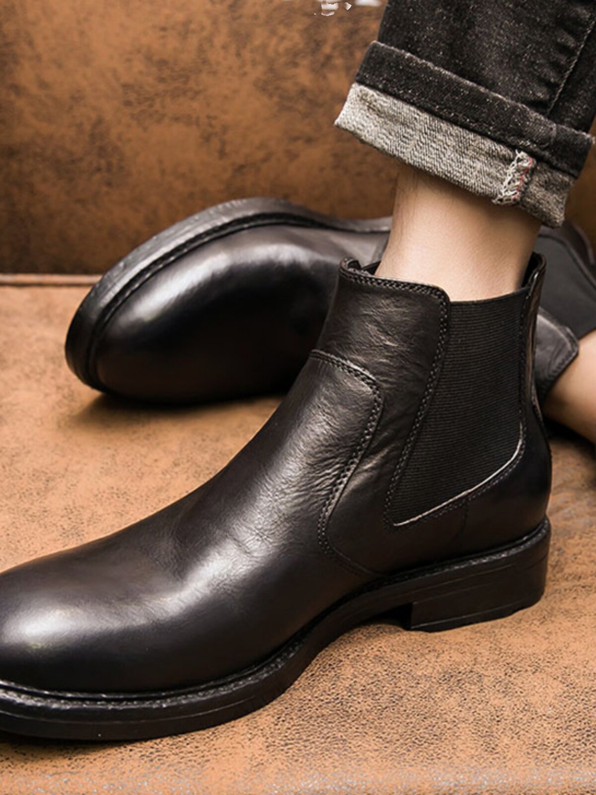 CHELSEA BOOTS MENS ANKLE BOOTS LEATHER BRITISH STYLE MENS HIGH-TOP LEATHER SHOES WINTER VELVET VERSATILE TREND MARTIN BOOTS MEN