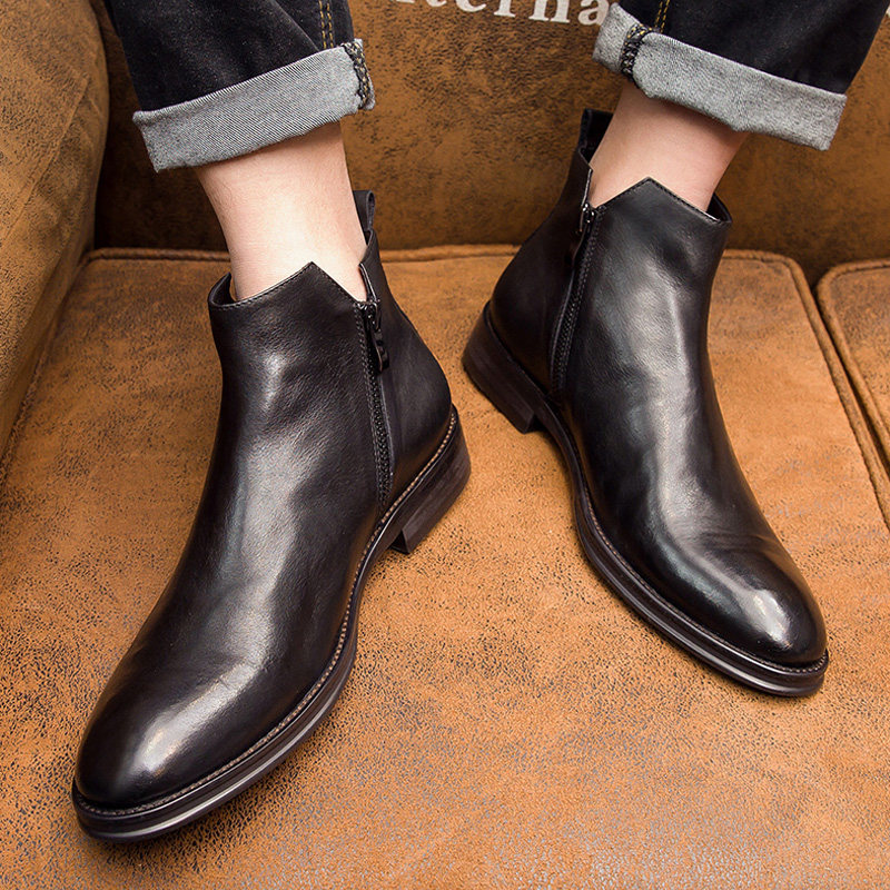 NEW CHELSEA BOOTS MENS LEATHER ANKLE BOOTS WINTER FLEECE RETRO ZIPPER BOOTS BRITISH STYLE MARTIN BOOTS MENS MID-TOP