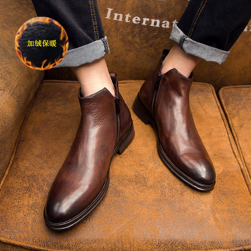 NEW CHELSEA BOOTS MENS LEATHER ANKLE BOOTS WINTER FLEECE RETRO ZIPPER BOOTS BRITISH STYLE MARTIN BOOTS MENS MID-TOP