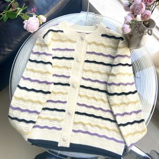 810019-1香风甜美开衫毛衣外套2024新款条纹慵懒宽松针织上衣