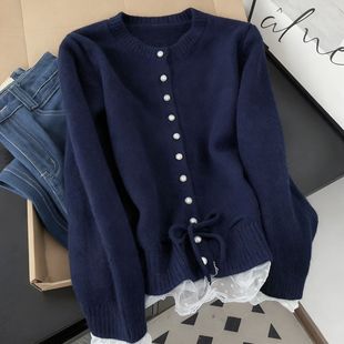 显白软糯亲肤512176-5蕾丝拼接上衣系绳秋冬新款花边收腰系带开衫