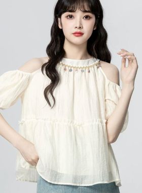 超级好看504126-1飞飞袖衬衫夏季2025甜辣新款宽松别致设计上衣