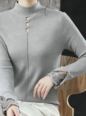 高领秋冬毛衣512260-6镂空设计针织打底蕾丝拼接长袖毛衫上衣