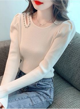 重工新款秋冬512132-4镂空钉珠毛衣针织衫显瘦圆领长袖上衣