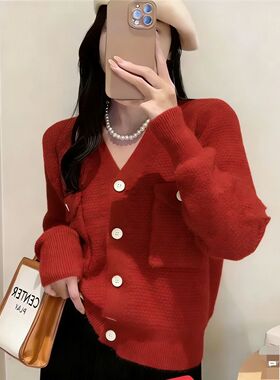设计圣诞香风512150-2纯色新款秋季小众宽松波浪高级红色针织开衫