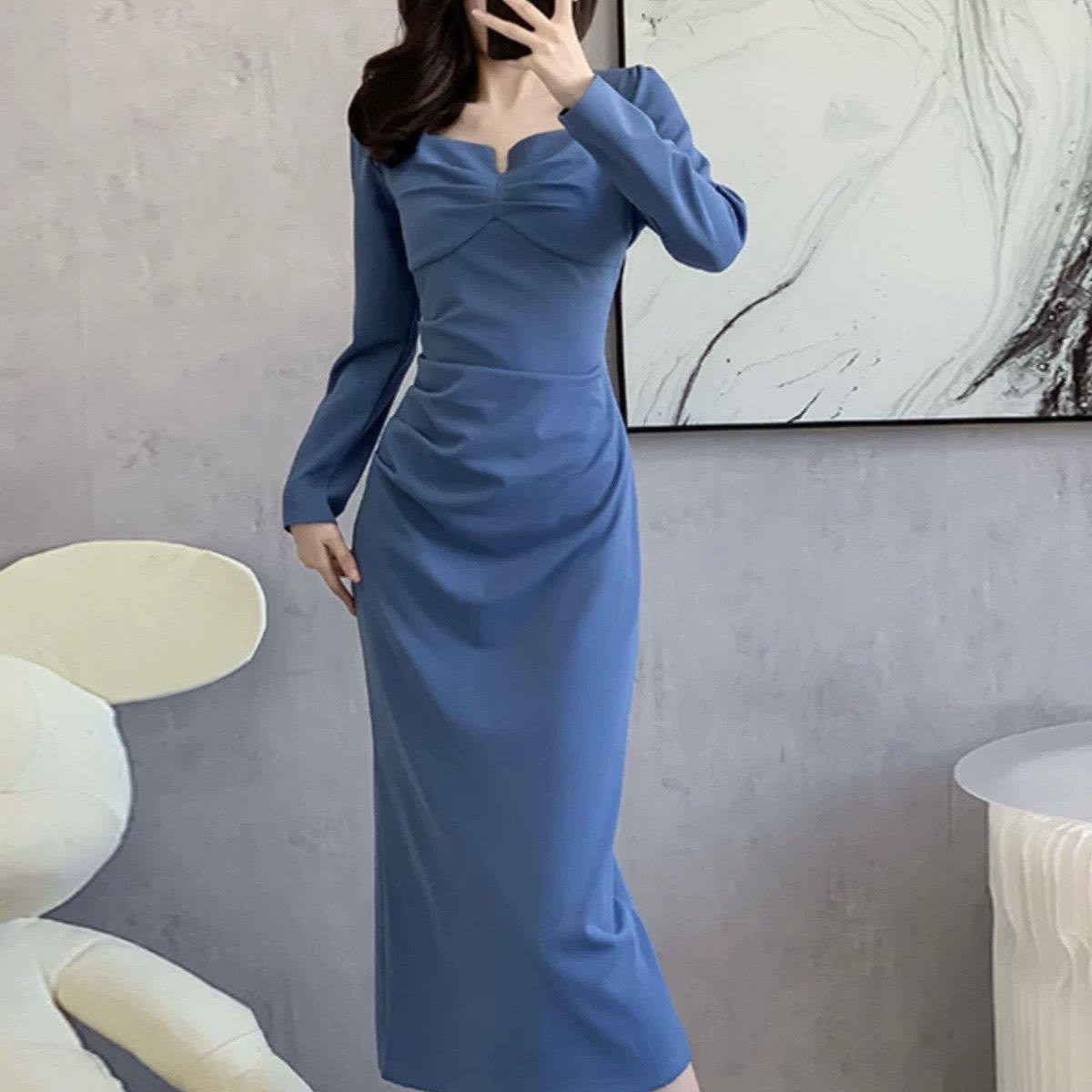 方领修身气质505308新款连衣裙褶皱显瘦时尚长裙收腰纯色长袖,女装/女士精品,连衣裙,淘宝优惠券,粉丝福利购,淘宝优惠卷