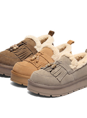 森达面包工坊毛毛鞋女鞋25冬商场牛皮保暖绒毛厚底雪地靴XSJ01DM5