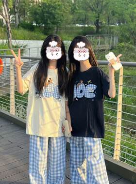 慵懒短袖宽松上衣遮肉韩版阔腿裤格子女学生套装新款夏季两件套潮