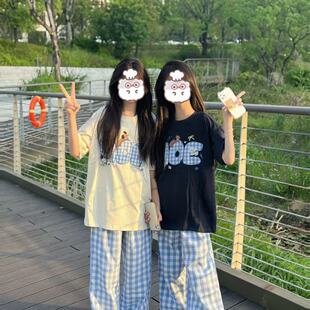 慵懒短袖宽松上衣遮肉韩版阔腿裤格子女学生套装新款夏季两件套潮