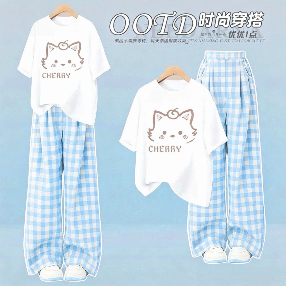 单/套装夏季女学生慵懒风宽松短袖t恤休闲阔腿裤子甜美穿搭两件套