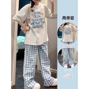 套装/单 新款女学生夏季韩版宽松短袖t恤ins休闲格子阔腿裤两件套